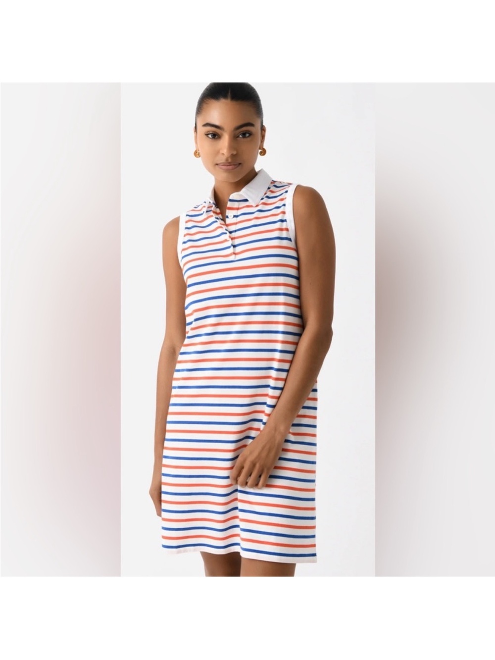 KULE Sleeveless Polo Midi Dress in White with Blue & Red Stripes